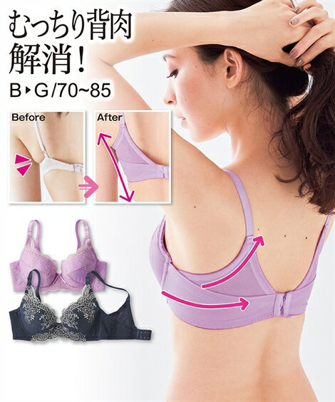 ブラジャー ワイヤー入り レディース 背中すっきり ダブルバック チュール レース ネイビー/ラベンダーピンク B70〜C85 ニッセン nissenのサムネイル