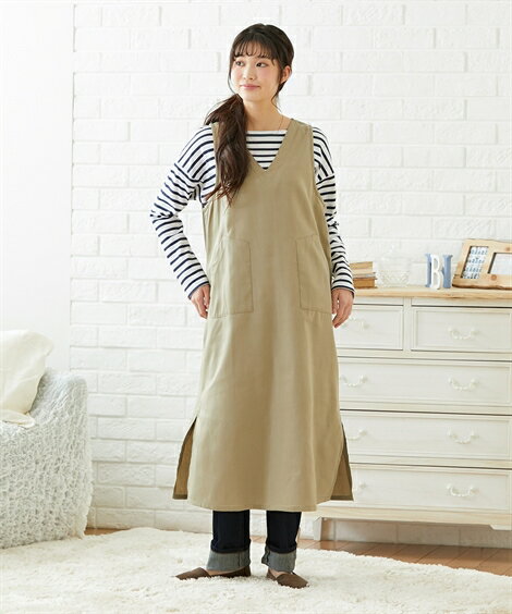 パジャマ トップス 大きいサイズ レディース カジュアル エプロン ルーム ワンピース チャコールグレー/ベージュ 4L/5L/6L ニッセン nissen