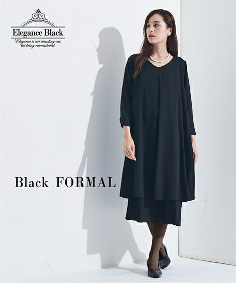 喪服 ワンピース 大きいサイズ レディース 礼服 防しわ 裾プリーツ デザイン 黒 LL/3L ニッセン nissenのサムネイル