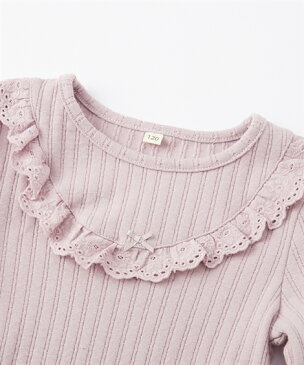 Tシャツ カットソー キッズ 女の子 ジャガード テレコ素材 フリル 子供服 ジュニア服 アイボリー/チャコールグレー/ピンク 身長80〜130cm ニッセン nissen