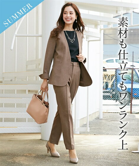 スーツ パンツ レディース シャンブレー素材 ノーカラー ジャケット ＋テーパード ココア/ライトグレー S/M/L ニッセン nissenのサムネイル