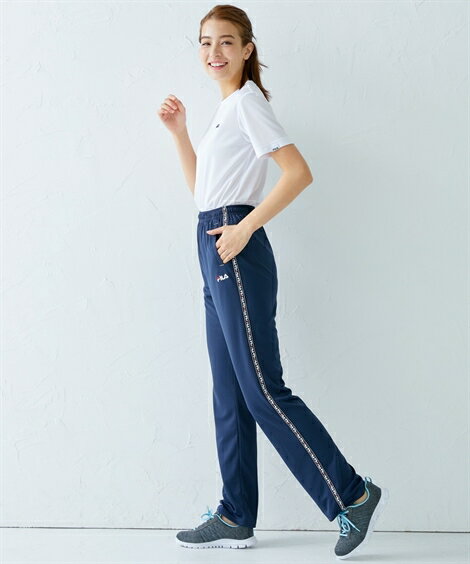 スポーツウェア ボトムス FILA トールサイズ レディース 吸汗速乾 UVカット サイドライン メッシュ ストレート パンツ 夏 ネイビー/黒 M/L/LL ニッセン nissen