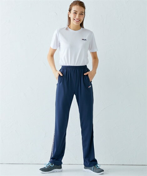 スポーツウェア ボトムス FILA トールサイズ レディース 吸汗速乾 UVカット サイドライン メッシュ ストレート パンツ 夏 ネイビー/黒 M/L/LL ニッセン nissen
