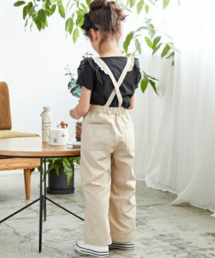 カジュアル セットアップ キッズ 女の子 2点セット サロペット+ Tシャツ ライトベージュ+黒 身長140/150/160cm ニッセン nissen