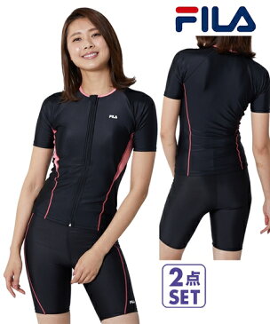 水着 レディース FILA カラー切替 フルジップ 半袖 2点セット ネイビー/ブラック×ピンク/ブラック×ブルー 15LL/17LL/19LL ニッセン nissen