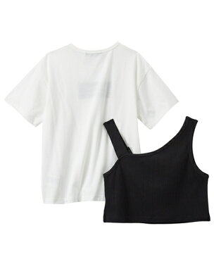 トップス キッズ 女の子 2点セット アシンメトリービスチェ+ プリント Tシャツ 子供服 ジュニア服 オフホワイト×黒/黒×ベージュ 身長140/150/160cm ニッセン nissen