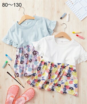 Tシャツ カットソー キッズ 女の子 綿100% 切替 花柄 プリント 子供服 オフホワイト/サックス 身長80/90cm ニッセン nissen