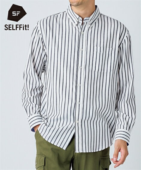 シャツ カジュアル メンズ 形態安定 ストライプ 長袖 ボタンダウン 肩まわり お腹ゆったり 消臭テープ付 オフホワイト系/ネイビー系 3L〜10L ビッグ ラ...