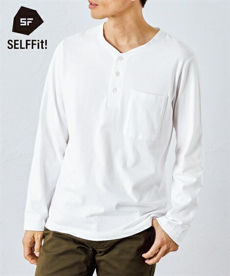 Tシャツ カットソー メンズ 綿100% ポケット付 ヘンリーネック 長袖 オフホワイト/ネイビー/黒/杢グレー M/L/LL トップス ニッセン nissen