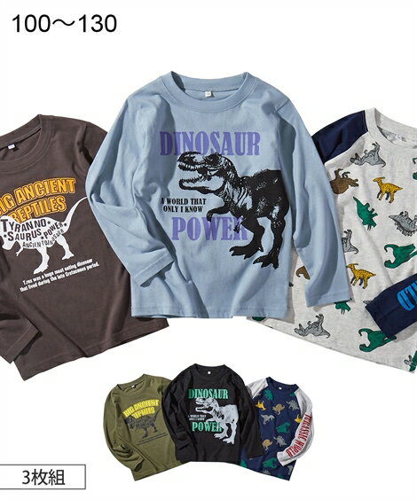 Tシャツ カットソー キッズ 男の子 恐竜 プリント 長袖 3枚組 子供服 クロ＋カーキ＋ネイビー/ブルーグレー＋チャコール＋オートミール 身長100/110/120/130cm ニッセン nissenのサムネイル