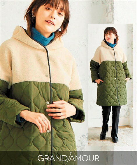 コート 大きいサイズ レディース ゆるシルエット ボア切替 中綿 グランダムール カーキ×ベージュ/黒×黒 L〜10L ニッセン nissen