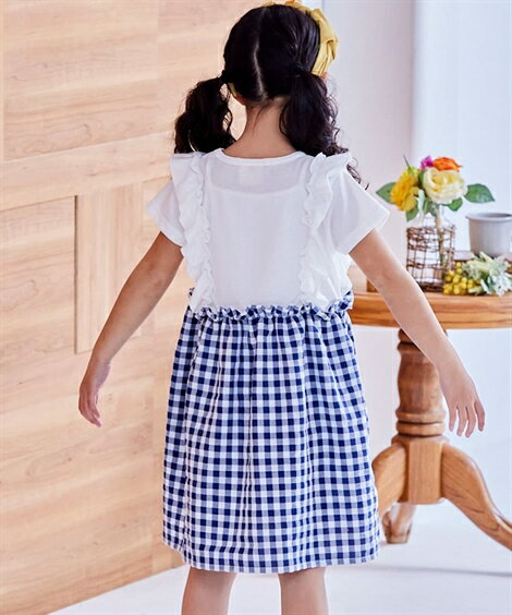ワンピース キッズ 女の子 フリル付ドッキング 子供服 ジュニア服 オフホワイト×チェック/ライトピンク×小花 身長140/150/160cm ニッセン nissen