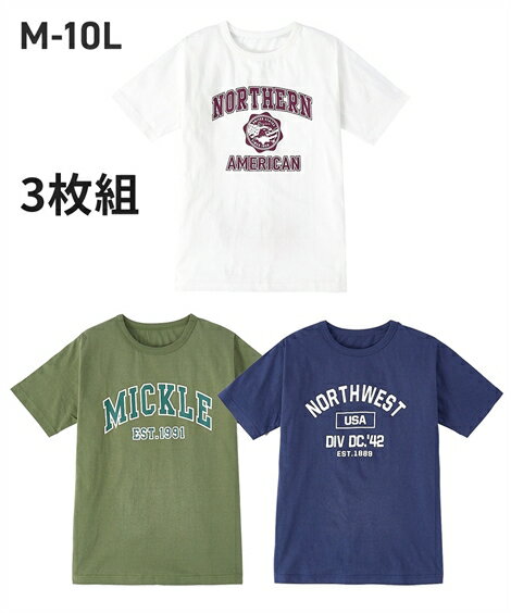 Tシャツ カットソー メンズ 半袖 プリント 3枚組 カレッジ柄 オフホワイト＋カーキ＋ネイビー M/L/LL ニッセン nissen