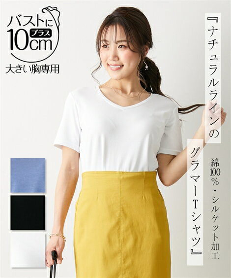 Tシャツ カットソー レディース 大きい胸専用 Vネック ベーシック ナチュラルライン 半袖 コットン100％ オフホワイト/クールピンク/ブラック M/L ニッセン nissenのサムネイル