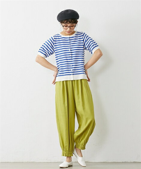 カーディガン レディース 接触冷感 Summer Knit Cardigan サマーニット パフスリーブ 夏 ベージュボーダー/黒/青ボーダー LL ニッセン nissen