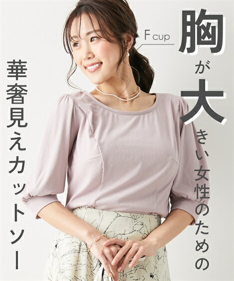 カットソー レディース 大きい胸専用 リブ クルーネック デザイン ダスティブルー/ブラック/ラベンダー M/L ニッセン nissenのサムネイル