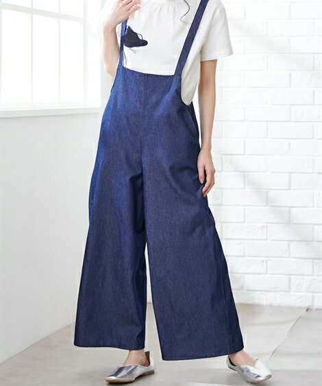 パンツ サロペット 大きいサイズ レディース 綿混 ハイウエスト ワイド デニム ネイビー/黒 LL/3L/4L/5L ニッセン nissen