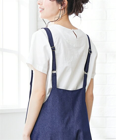 パンツ サロペット 大きいサイズ レディース 綿混 ハイウエスト ワイド デニム ネイビー/黒 LL/3L/4L/5L ニッセン nissen