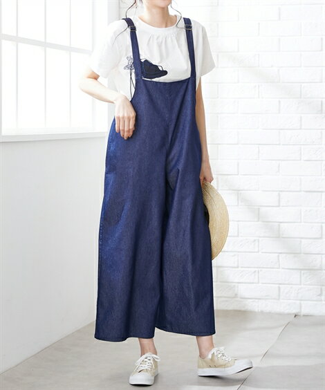 パンツ サロペット 大きいサイズ レディース 綿混 ハイウエスト ワイド デニム ネイビー/黒 LL/3L/4L/5L ニッセン nissen