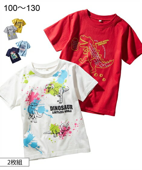 Tシャツ カットソー キッズ 男の子 プリント 半袖 2枚組 子供服 サックス＋ネイビー 海 /マスタード＋杢グレー 電車 /赤＋オフホワイト 恐竜 身長100/110/120/130cm ニッセン nissen