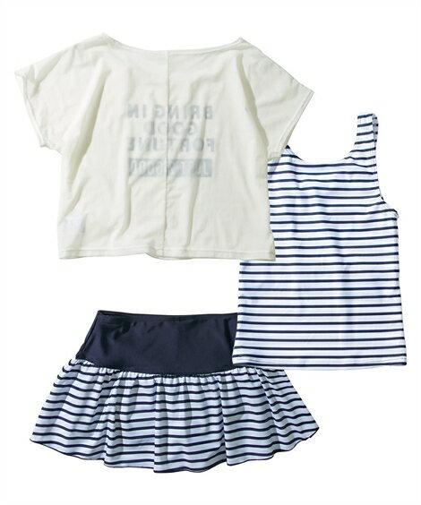 水着 キッズ 女の子 マリンボーダー セパレート カバーアップ付 ネイビー系/ブルー系 身長140/150/160cm ニッセン nissen
