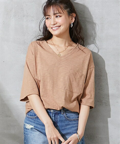 Tシャツ カットソー 大きいサイズ レディース ネックレス付き 綿100％ Vネック バックロゴ プリント オフホワイト/モカ/黒 L/LL/3L/4L/5L ニッセン nissen