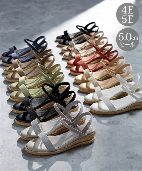 サンダル 大きいサイズ レディース ゆったり幅広 内ゴム ストラップ ウェッジ 低反発中敷 オーク スエード調 〜黒ラメコンビ 25.0〜25.5cm ニッセン nissen