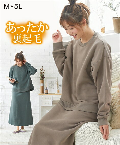 パジャマ マタニティ ママ 産前 産後 授乳服 裏起毛 ルームウエア セット トレーナー ＋ スカート 冬 グリーン/モカ/黒 LL/3L ニッセン nissen