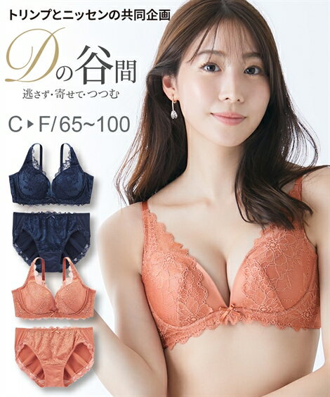 ブラジャー ショーツ セット レディース Dに寄せる フルカップ ( トリンプ ) ネイビー/レンガオレンジ E70_M〜F80_L ブラショーツ 女性 インナー パンツ パンティ ニッセン nissenのサムネイル