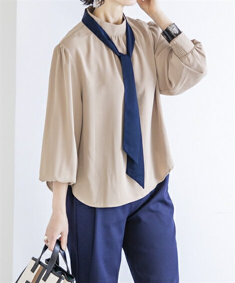 レディース 取外しリボンタイ付 とろみ ブラウス アイボリー/ベージュ S/M/L/LL ニッセン nissenのサムネイル