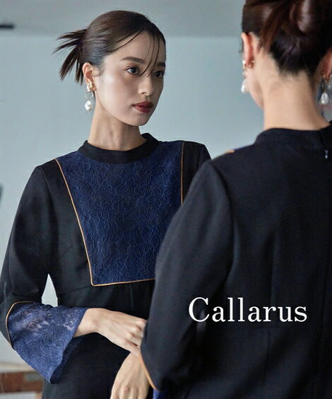 パーティドレス ワンピース レディース 結婚式 Callarus Front Switching Lace Piping Design Onepiece Dress 有 ダークパープル×黒/黒..