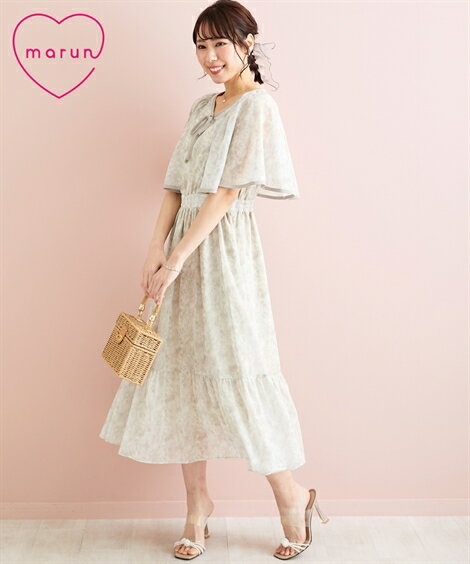 ワンピース ロング マキシ 大きいサイズ レディース ケープ風フラワー プリント marun グレージュ/ネイビー L/LL/3L/4L/5L ニッセン nissenのサムネイル
