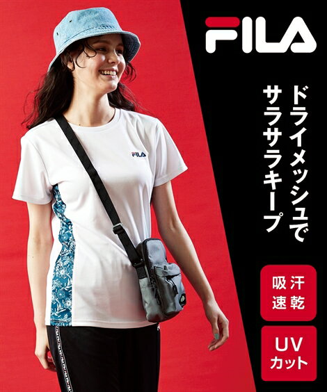 FILA Tシャツ カットソー 大きいサイズ レディース サイド切替 ドライ メッシュ UVカット 吸汗速乾 夏 ブラック系/ホワイト系 L/LL/3L/4L/5L ニッセン nissen