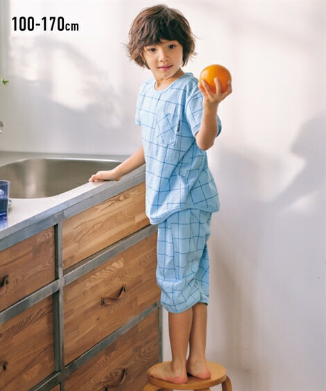 パジャマ 子供服 キッズ 綿100％ チェック柄 プリント 半袖 ルームウェア 男の子 女の子 ジュニア服 アイボリー 身長140/150/160cm 部屋着 ナイトウェア ニッセン nissenのサムネイル