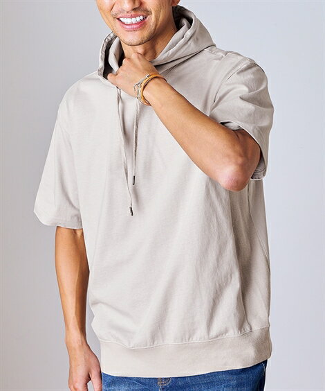 パーカー メンズ リブ付ミドルウェイト 綿100% オーバーサイズ5分袖プル カーキ/グレージュ/黒 M/L/LL フーディ ニッセン nissen