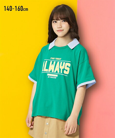 Tシャツ カットソー キッズ 衿付き プリント 女の子 子供服 ジュニア服 グリーン/ベビーピンク 身長140/150/160cm ニッセン nissenのサムネイル