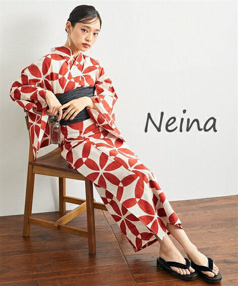浴衣 レディース Neina モダン柄綿麻ゆかたセット ゆかた＋へこ帯 夏 レッド系×ブラック ニッセン nissenのサムネイル