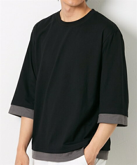 Tシャツ カットソー メンズ オーバーサイズ重ね着風7分袖クルーネック オフホワイト/ダスティブルー/ブラック M/L/LL トップス ニッセン nissen