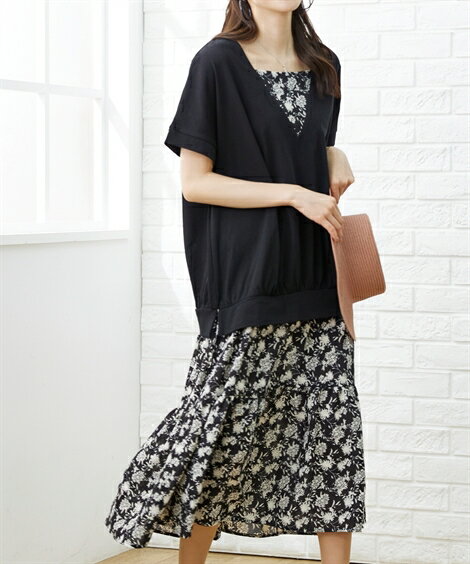 ワンピース ロング マキシ 大きいサイズ レディース 重ね着風ドッキング OtonaSMILE 黒系 3L〜4L ニッセン nissenのサムネイル