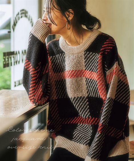 【週末限定SALE！11/18 10:59まで】ニット セーター レディース 配色ジャガードチェックオーバーサイズ 冬 オレンジ系/サックス系/ネイビー系 S〜M/L〜LL/3L〜4L ニッセン nissenのサムネイル