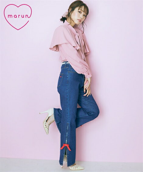 【店内全品対象★25%OFFクーポン配布中★先着1,500名限定 11/20 20時開始】ストレートパンツ 大きいサイズ レディース 裾スリット デニム marun ネイビー/ライトブルー ウエスト80/84/88cm 美脚 ボトムス ズボン ニッセン nissen