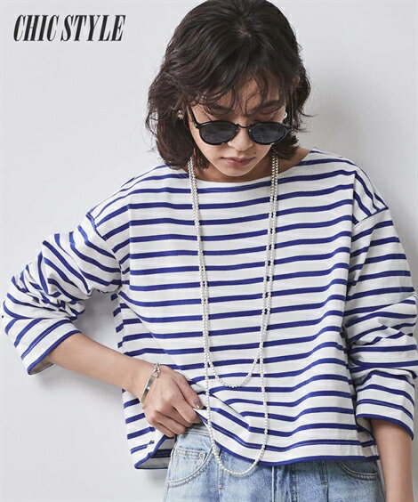 【55%OFFSALE！10/9 10:59まで】Tシャツ カットソー 大きいサイズ レディース クロップド丈ボーダー シックス タイル オフホワイト×ブルーボーダー/オフホワイト×赤ボーダー/ネイビー×オフホワイトボーダー 6L/8L/10L ニッセン nissenのサムネイル