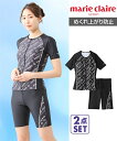 marie claire SPORT 水着 フィットネス 競泳 レディース 全開ジップ袖付き タンキニ 2点セット 水泳 トレーニング 運動 ジム ネイビー/ブラック M/L/LL/3L ニッセン nissen