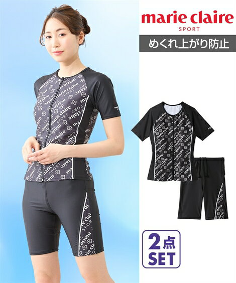 marie claire SPORT 水着 フィットネス 競泳 レディース 全開ジップ袖付き タンキニ 2点セット 水泳 トレーニング 運動 ジム ネイビー/ブラック 8L/10L ニッセン nissen