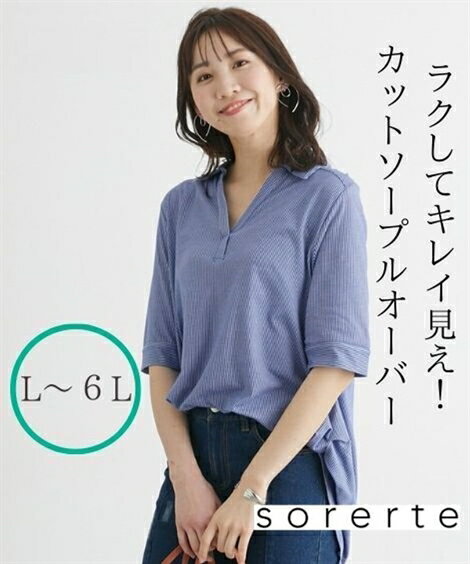 Tシャツ カットソー 大きいサイズ レディース シャツ 見えするサラのびサイドタックスキッパー トップス チャコールグレー系ストライプ/ネイビー系ストライプ/ブルー系ストライプ L/LL/3L/4L/5L ニッセン nissen