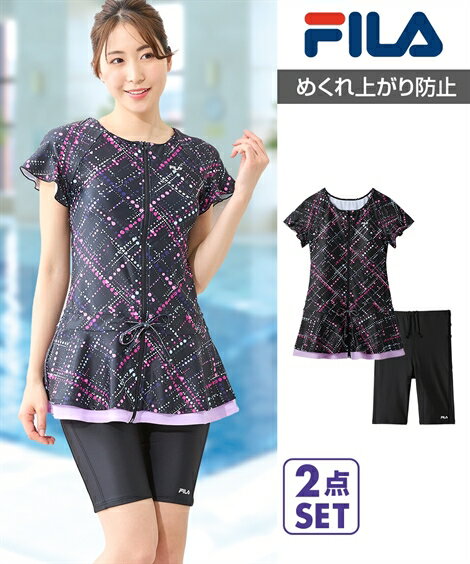 FILA 水着 フィットネス 競泳 大きいサイズ レディース フリル袖付 プリント チュニック 2点セット 水泳 トレーニング 運動 ジム ネイビー系/ワイン系 M/L/LL/3L ニッセン nissen
