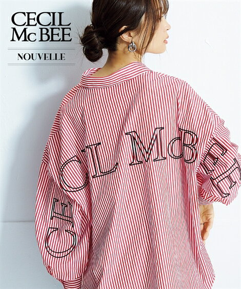 シャツ ブラウス レディース CECIL McBEE バック 刺しゅうストライプ ネイビー系ストライプ/赤系ストラ..