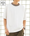 Tシャツ カットソー メンズ オーバーサイズリブライン入5分袖Tシャツ トップス オフホワイト/黒 M/L/LL ニッセン nissen