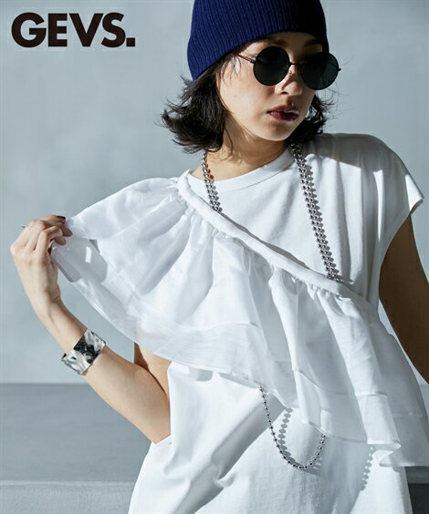 Tシャツ カットソー 大きいサイズ レディース フリル衿付フレンチスリーブTシャツ GEVS. オフホワイト/ベージュ/黒 L/LL/3L/4L/5L ニッセン nissenのサムネイル