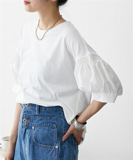 Tシャツ カットソー レディース 異素材切替パフスリーブ 半袖 ブラック/ホワイト M/L ニッセン nissen